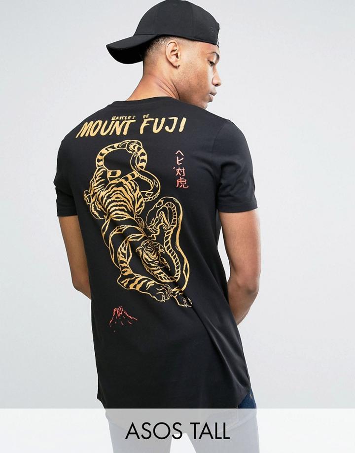 Asos Tall Longline T-shirt With Oriental Tiger Back Print And Curved H