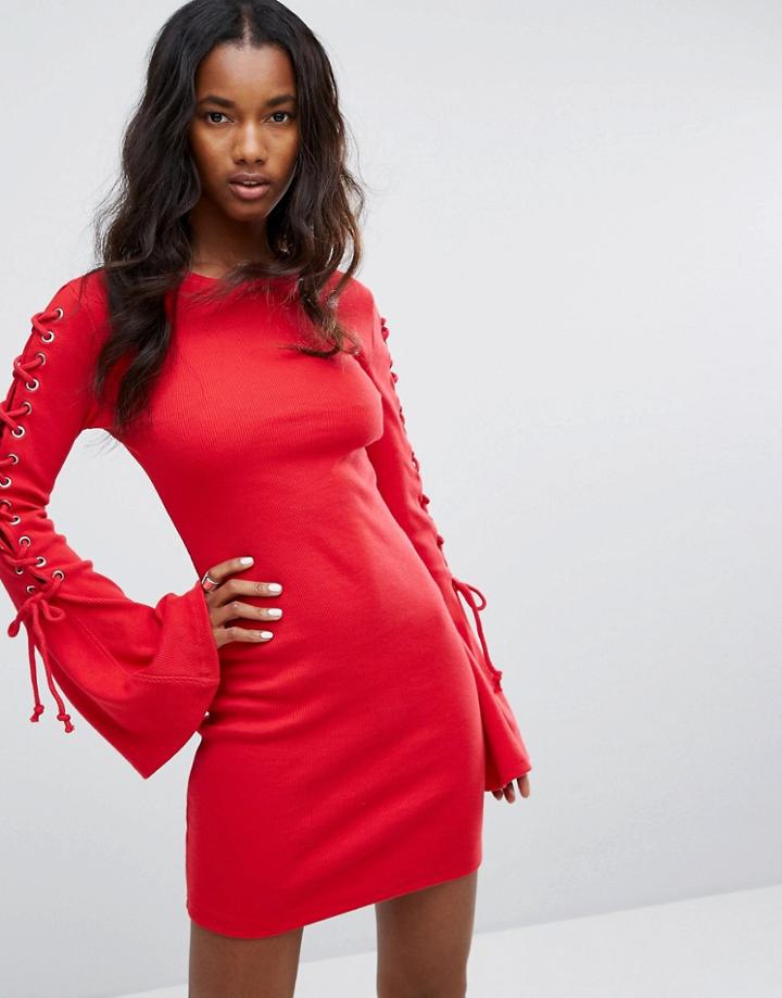 Prettylittlething Lace Up Sleeve Mini Dress - Red