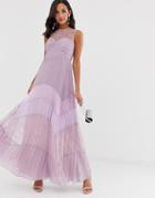 True Decadence Premium Lace Yoke Maxi Dress With Contrast Lace Pleated Skirt In Tonal Lilac - Purple