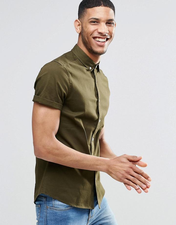 Asos Skinny Shirt In Khaki Twill With Short Sleeves - Mid Khaki