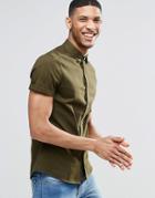 Asos Skinny Shirt In Khaki Twill With Short Sleeves - Mid Khaki