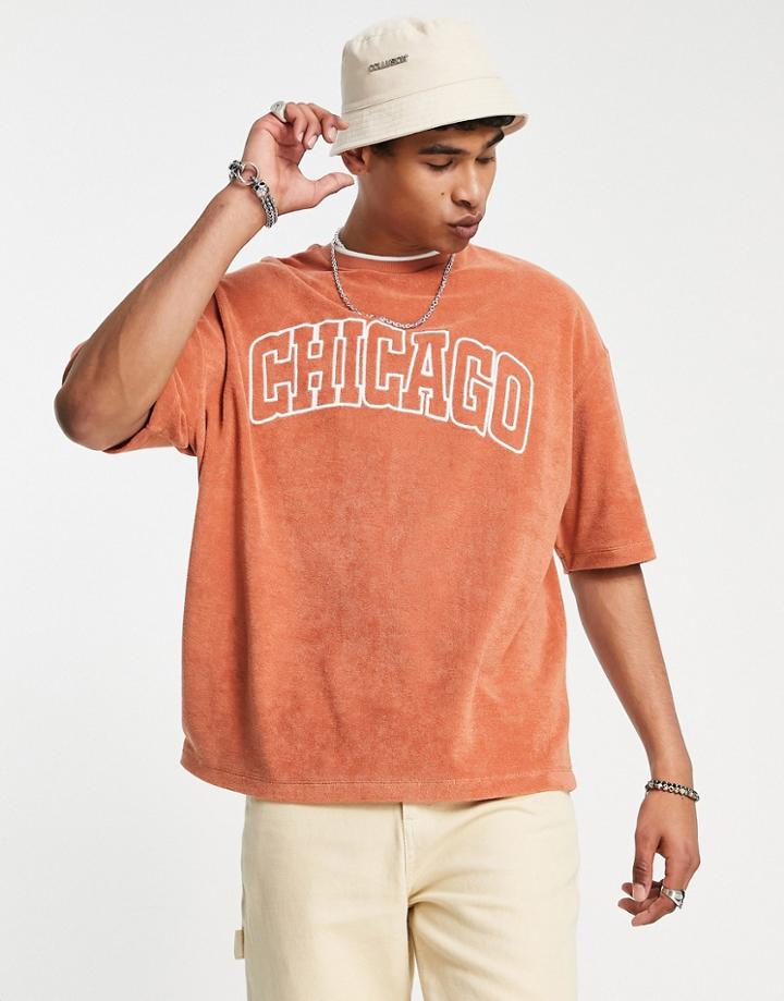 Asos Design Oversized T-shirt In Orange Terrycloth With Embroidery