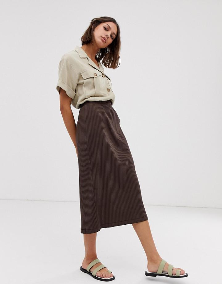 Weekday Ribbed Split Front Midi Skirt In Brown
