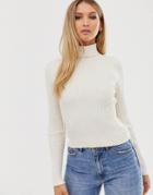 Asos Design Roll Neck Sweater In Fine Knit Rib-cream