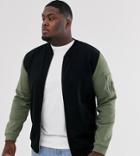 Asos Design Plus Jersey Bomber Jacket With Contrast Sleeves And Ma1 Pocket-black
