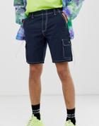 Asos Design Cargo Shorts With Contrast Stitch-navy