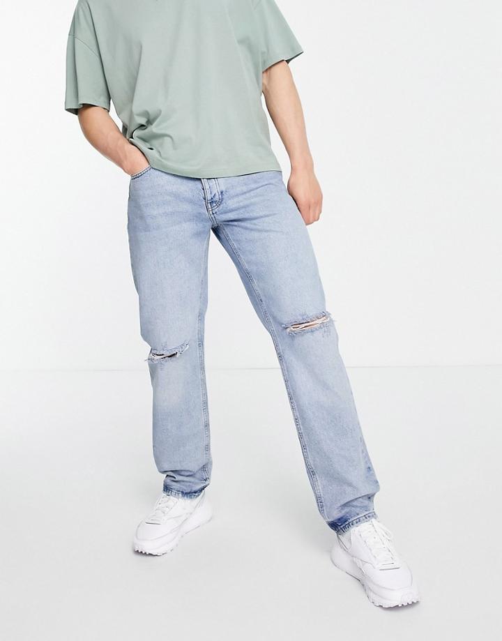 Asos Design Original Fit Jeans In Vintage Light Wash Blue With Knee Rips-blues