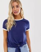 Brave Soul Tie Front Ringer T Shirt In White