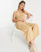 Asos Design Tie Front Shirred Waist Culotte Jumpsuit In Sand-brown