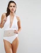 Asos Square Cut Out Plunge Halter Swimsuit - White