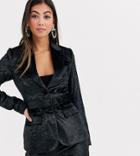 Fashion Union Petite Tailored Blazer With Belted Waist In Black Tinsel Velvet