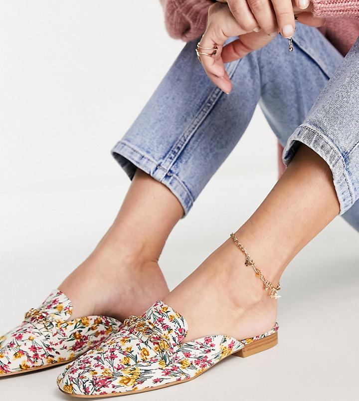 Asos Design Wide Fit Motto Chain Flat Mules In Floral-multi