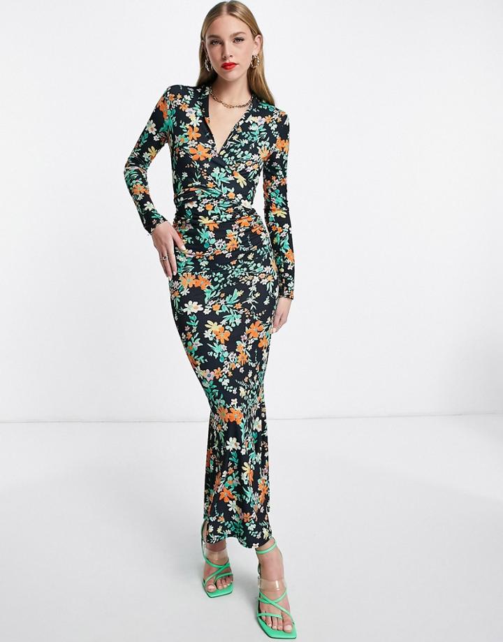 Asos Design Tie Detail Plunge Maxi With Long Sleeve In Black Base Floral-multi