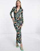 Asos Design Tie Detail Plunge Maxi With Long Sleeve In Black Base Floral-multi