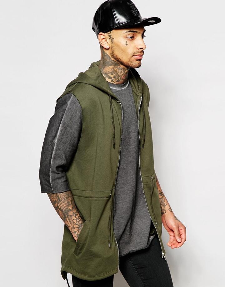 Asos Super Longline Jersey Sleeveless Parka In Khaki - Khaki
