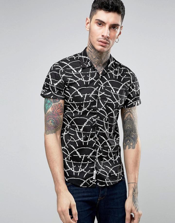 Scotch And Soda Shirt With Open Collar In Black Leaf Print - Black