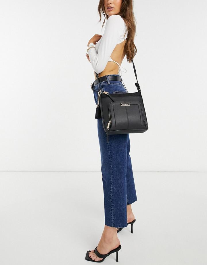 River Island Zip Front Pocket Messenger Bag In Black