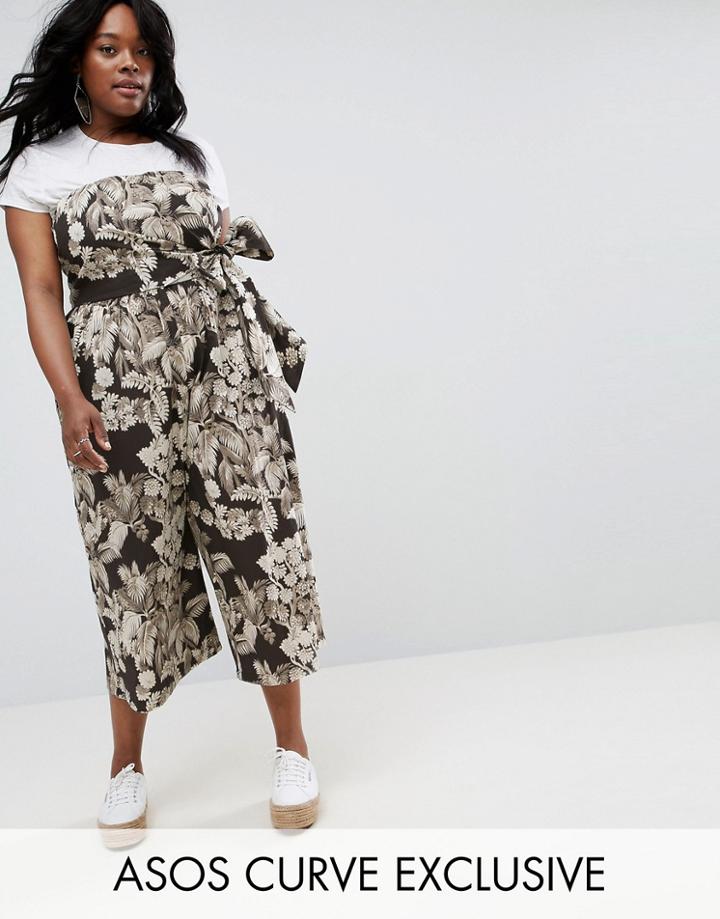 Asos Curve Casual Bandeau Jumpsuit With Wrap In Palm Print - Multi