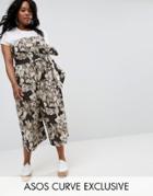 Asos Curve Casual Bandeau Jumpsuit With Wrap In Palm Print - Multi