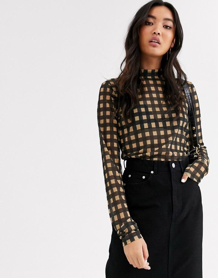 & Other Stories Check Print Mesh Turtleneck Top In Multi