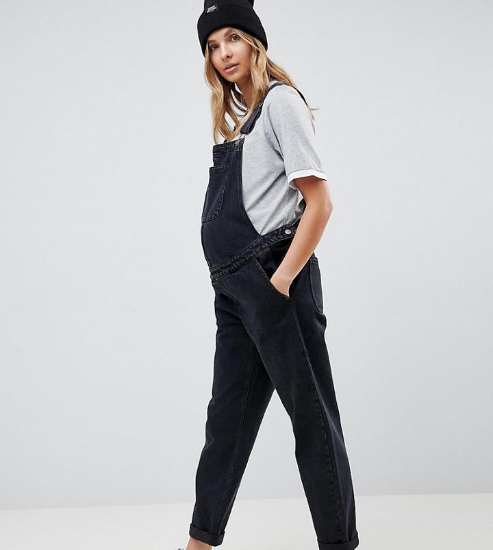 Asos Design Maternity Denim Overall In Washed Black - Black