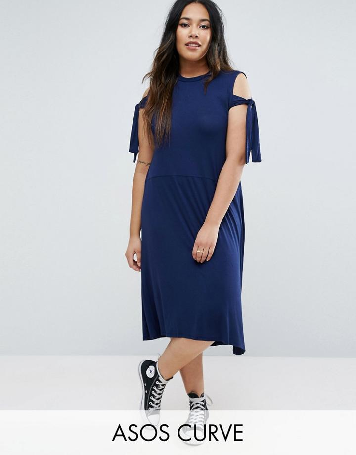 Asos Curve Midi Dress With Seam Detail Hem And Tie Sleeve - Blue