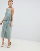Asos Design Embellished Neck Tulle Midi Dress-green