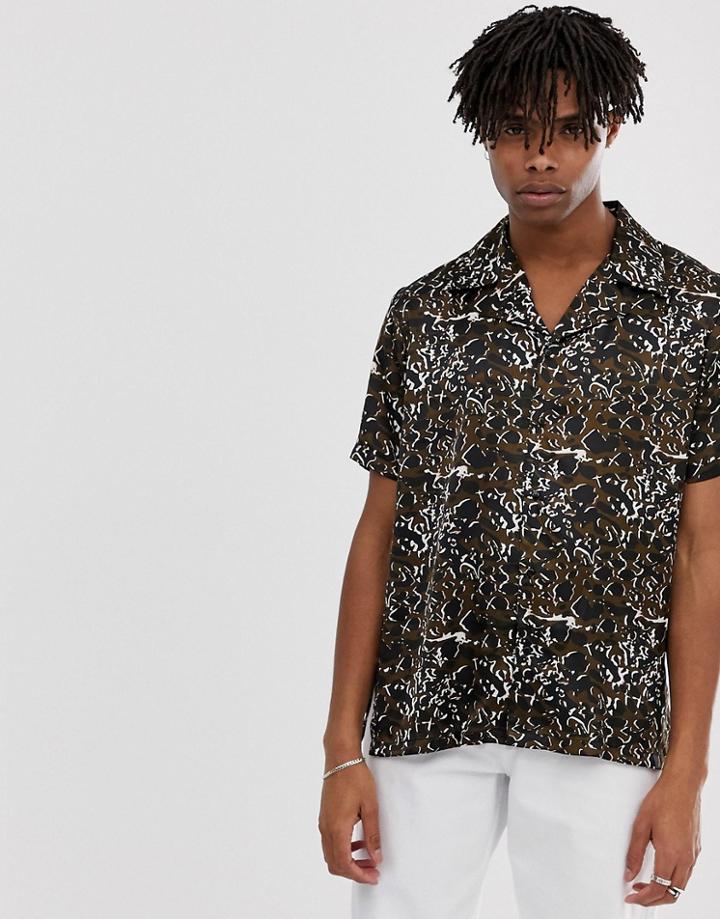 Sacred Hawk Revere Collar Shirt In Animal Print-brown