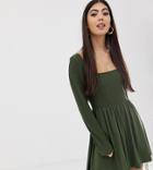 Asos Design Petite Mixed Fabric Long Sleeve Skater Dress - Green