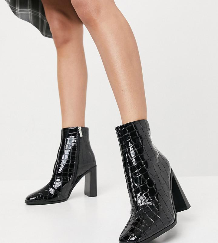 Glamorous Wide Fit Block Heel Ankle Boots In Black Croc