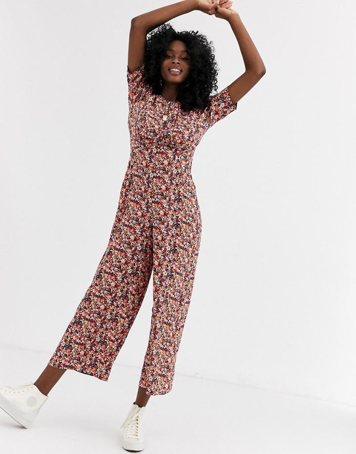 Asos Design Tea Jumpsuit With Self Button Detail In Mixed Floral Print