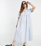 Collusion Tie Back Midi Smock Dress In Blue-white