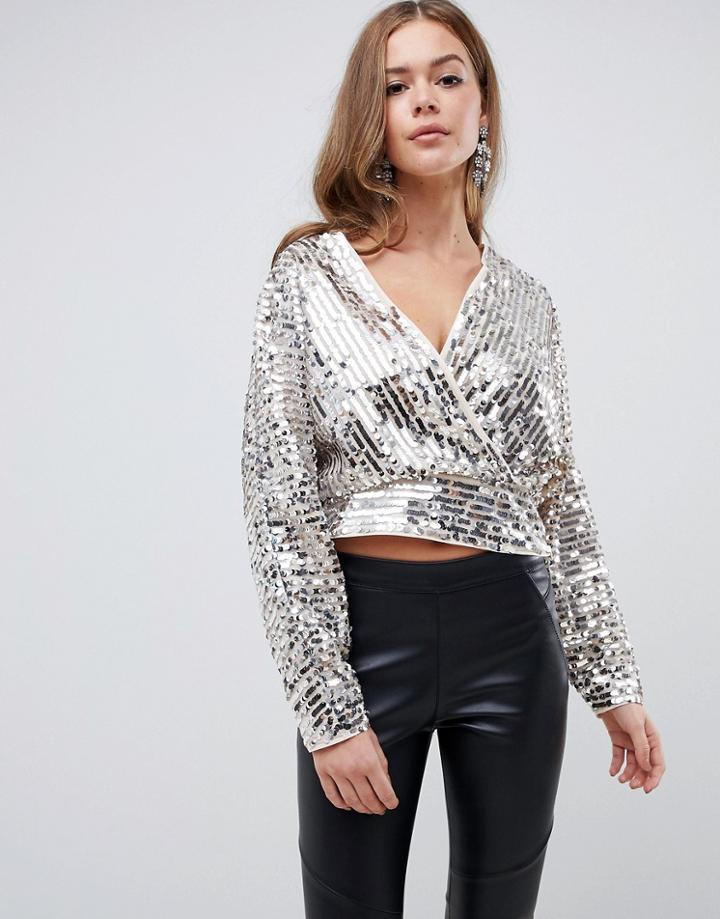 Asos Design Long Sleeve Batwing Sequin Wrap Top-multi
