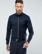 Asos Skinny Shirt In Navy With Black Tie Save - Navy