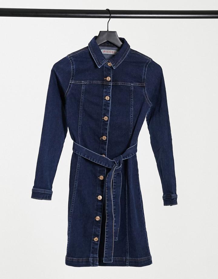 Pieces Denim Shirt Dress With Belted Waist In Dark Blue Denim