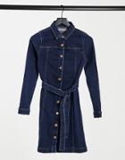 Pieces Denim Shirt Dress With Belted Waist In Dark Blue Denim