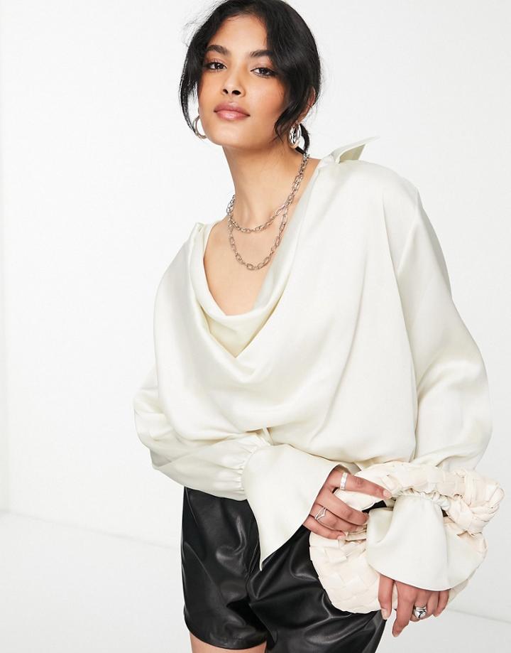 Asos Design Cowl Neck Long Sleeve Blouse With Collar In Cream-white