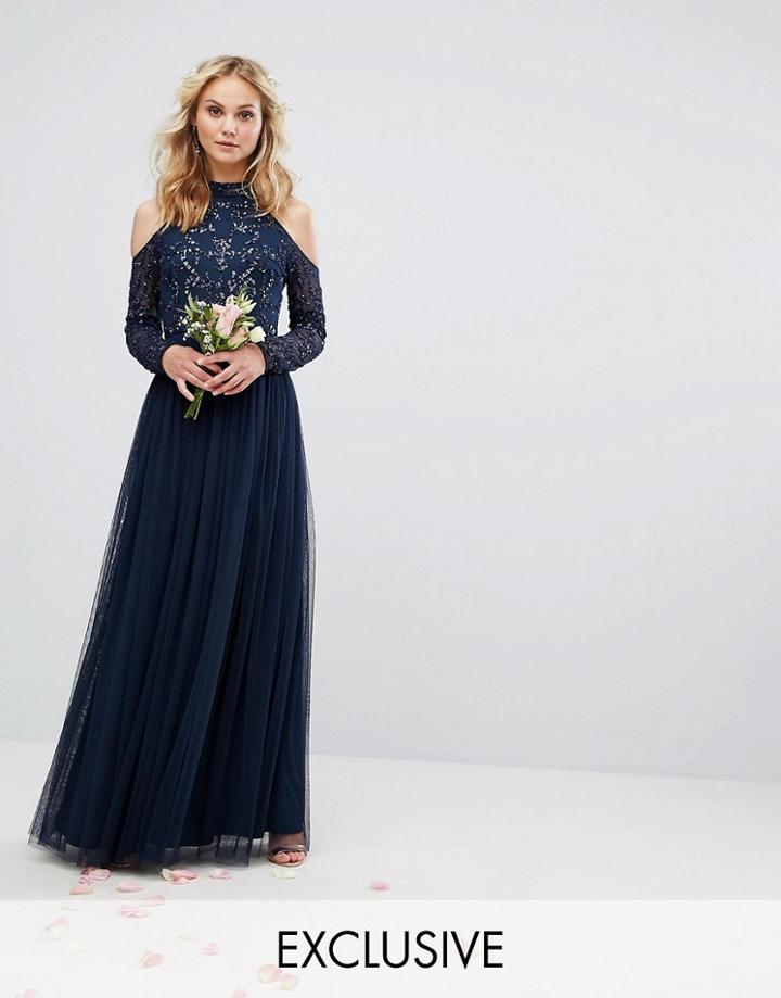 Maya Embellished Tulle Midi Dress With Cold Shoulder - Navy