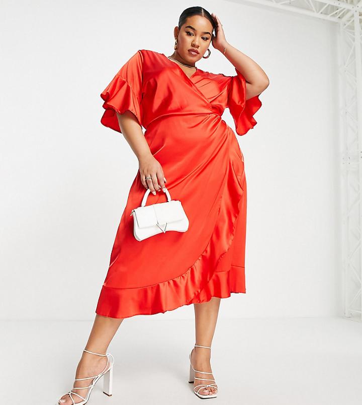 Ax Paris Plus Midi Ruffle Satin Dress In Red-black