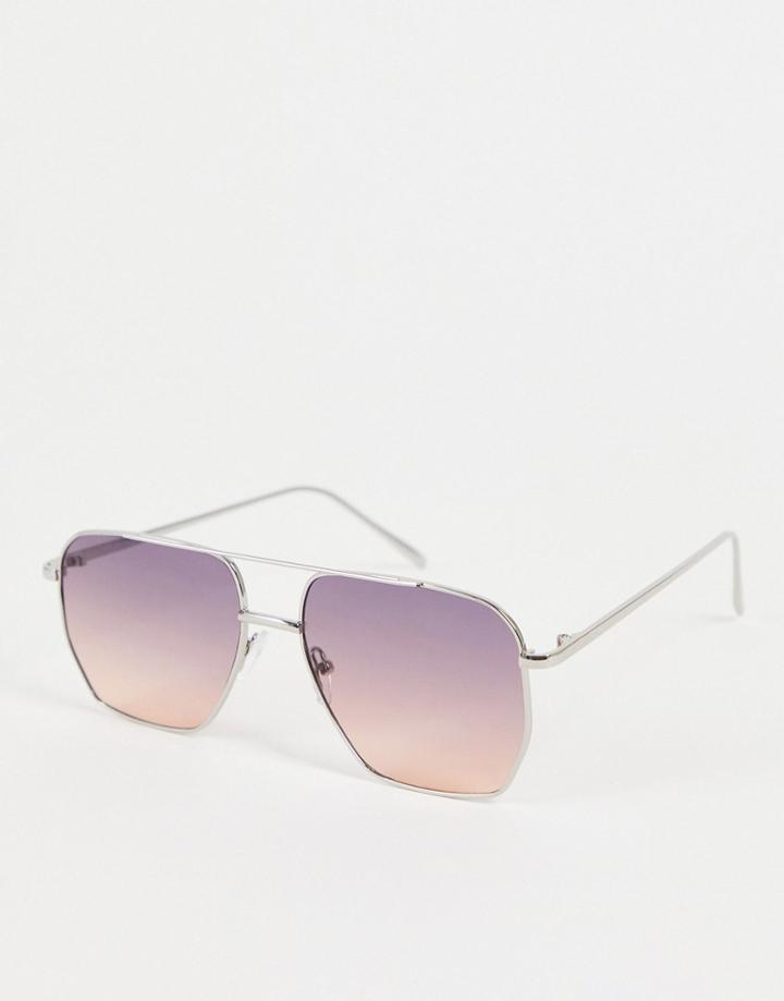 Asos Design Aviator Sunglasses In Silver With Purple And Taupe Gradient Lens