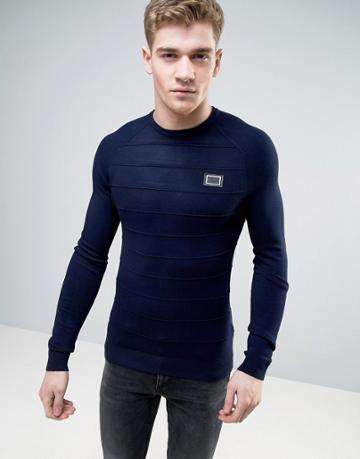 Born Rich Knitted Sweater With Raised Ribbed Stripe - Navy