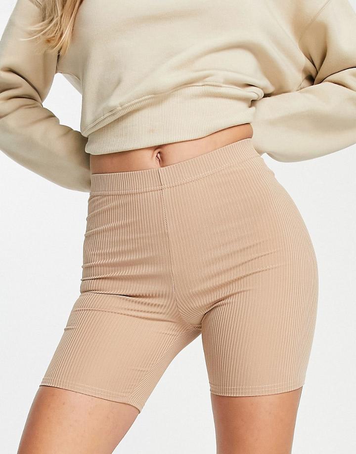 Topshop Skinny Rib Legging Short In Stone-neutral