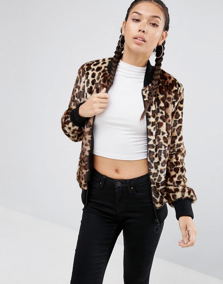 Asos Bomber Jacket In Faux Fur Leopard - Multi