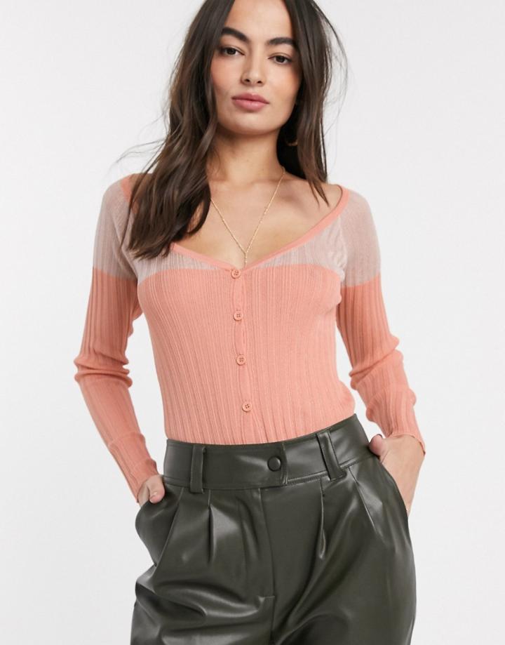 Asos Design Sheer Panel Fine Rib Knit Cardigan-pink
