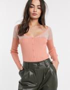 Asos Design Sheer Panel Fine Rib Knit Cardigan-pink