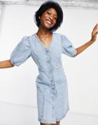 Pieces Organic Cotton Denim Mini Dress With Puff Sleeves In Blue-blues