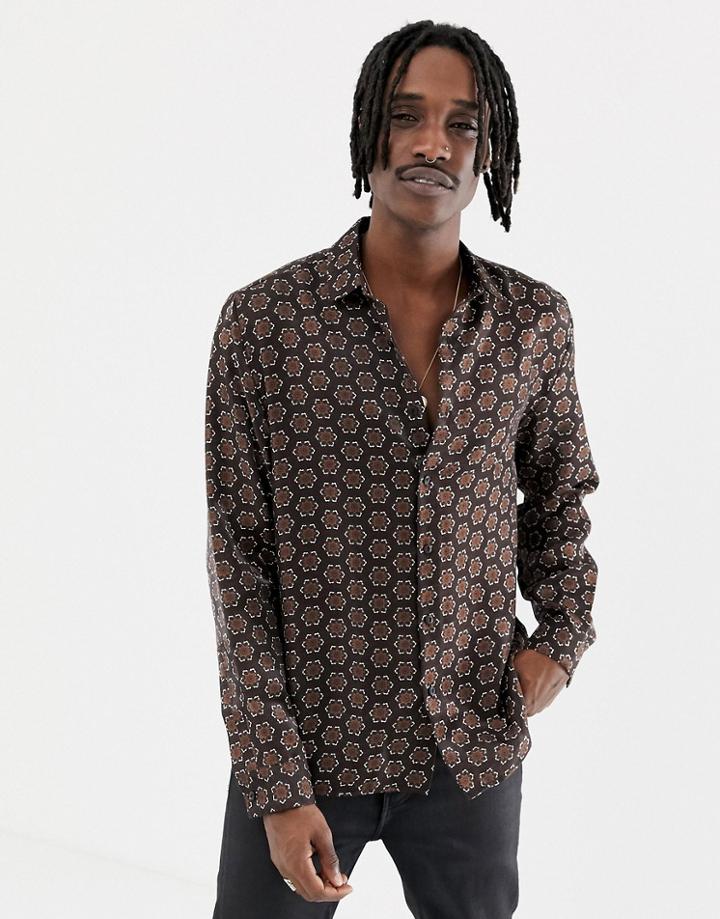 Asos Design Regular Fit Satin Shirt In Geo Tile Print - Brown
