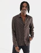 Asos Design Regular Fit Satin Shirt In Geo Tile Print - Brown