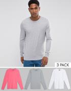 Asos Long Sleeve Muscle Fit T-shirt 3 Pack Save - Multi