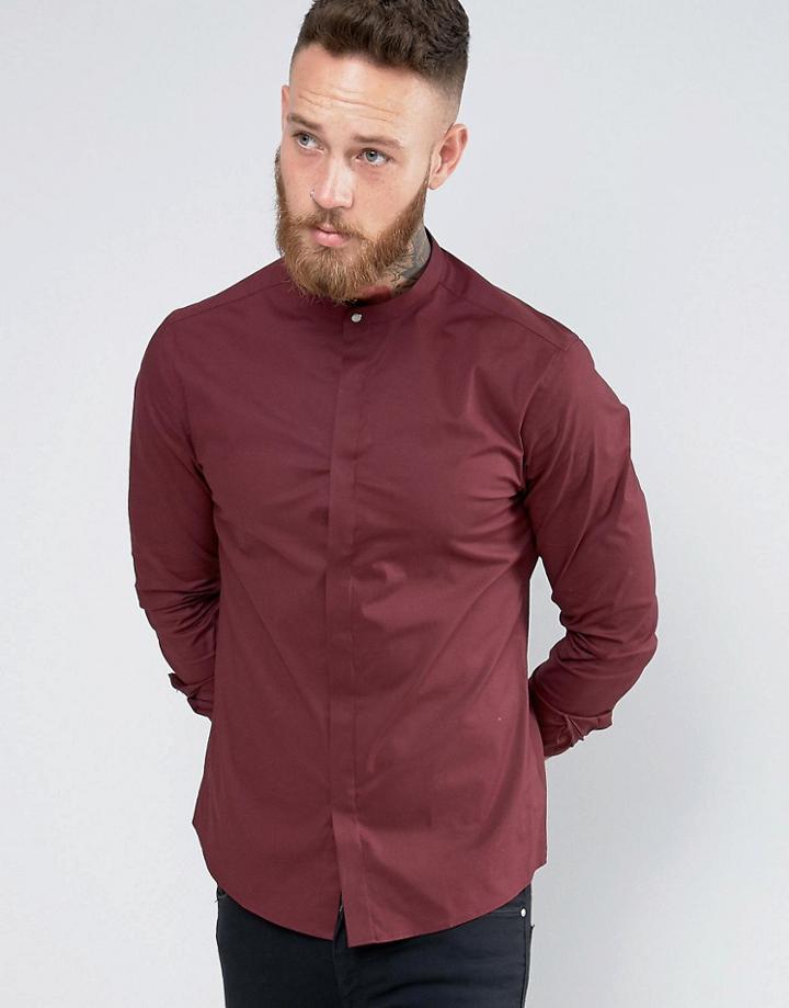 Asos Skinny Shirt In Burgundy With Grandad Collar And Gunmetal Popper